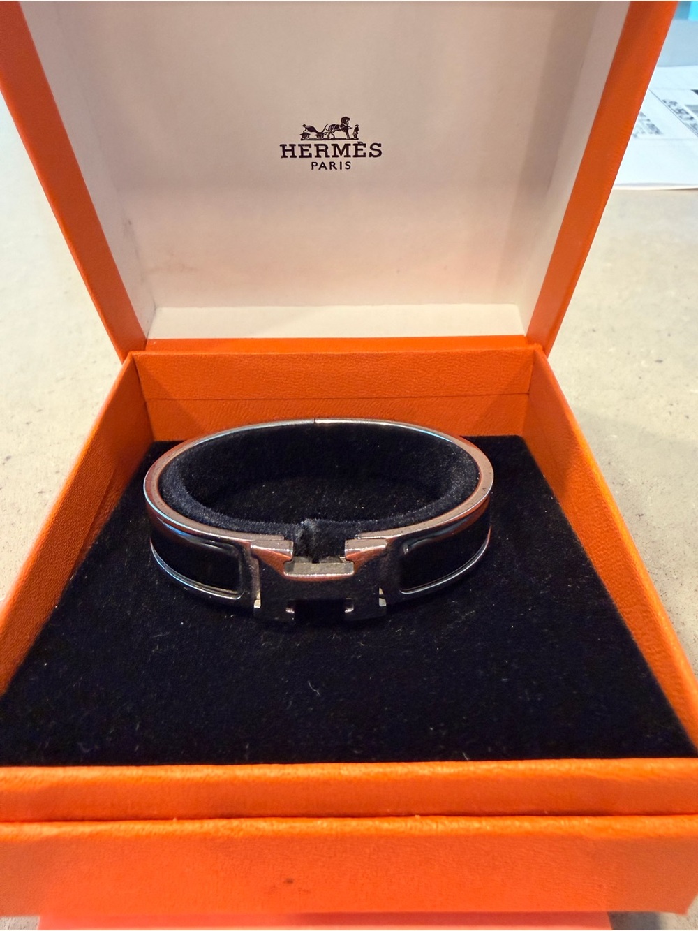 Hermes Black and Silver Enamel H Bracelet